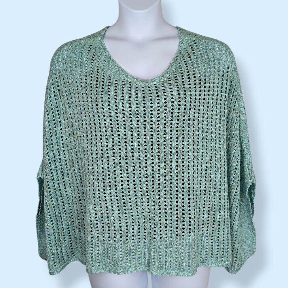 Big Buddha Green-Blue Metallic Open Knit Poncho Sweater